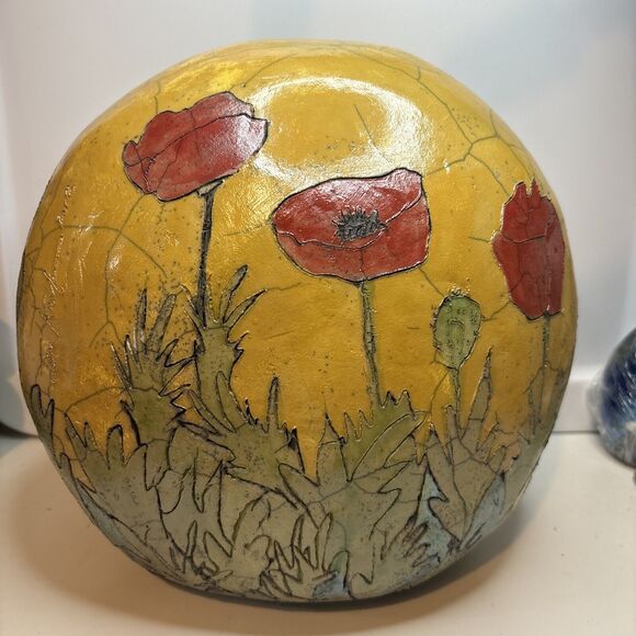 Raku Art Pottery Jane Kaufmann poppy orb Big Piece Round Shape Home Decor - Picture 1 of 9